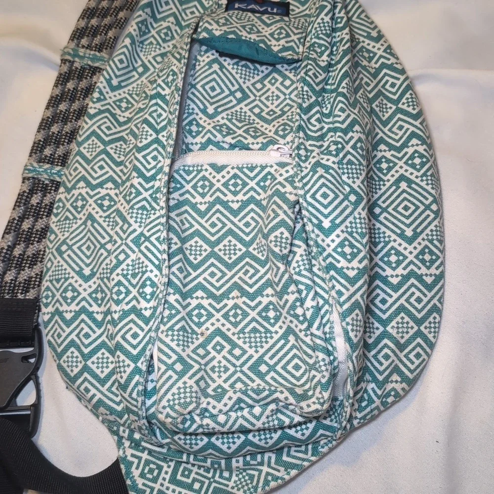 KAVU Original Rope Sling Bag Backpack Turquoise Green/Blue Aztec Tribal Print